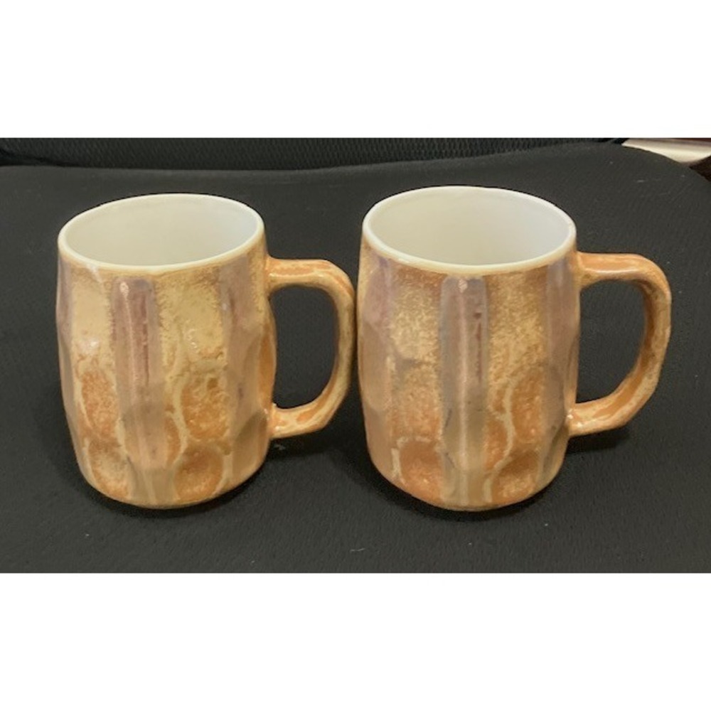 Vintage Japan Dimpled Coffee Mug Cup Glazed Multi-toned Brown & Cream Set of 2